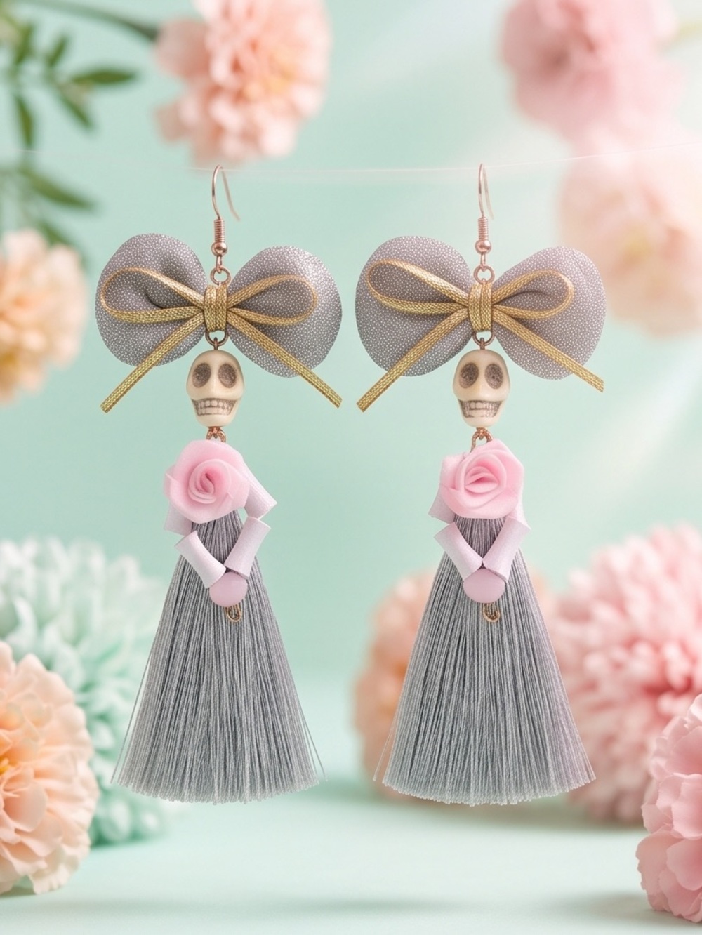 Gray Tassel Bow Earrings with Pink Rose & Skull Accent